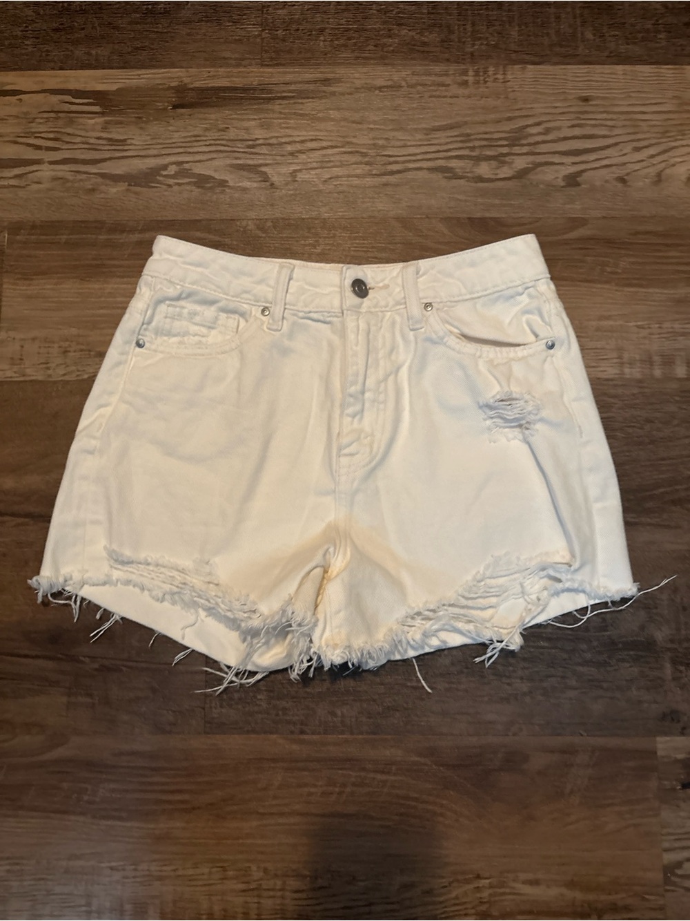 Altar'd State Cream Distressed Denim Shorts
